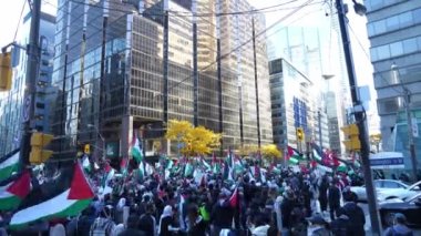 Filistinlilerin Gazze 'deki İsrail saldırısına karşı Toronto' da savaş karşıtı yürüyüş. İsrail-HAMAS savaşını barışçıl bir şekilde protesto ediyor. Protestocular bayrak sallıyor. Filistin soykırımı.