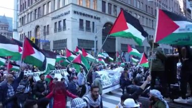 Filistinlilerin Gazze 'deki İsrail saldırısına karşı Toronto' da savaş karşıtı yürüyüş. İsrail-HAMAS savaşını barışçıl bir şekilde protesto ediyor. Protestocular bayrak sallıyor. Filistin soykırımı.