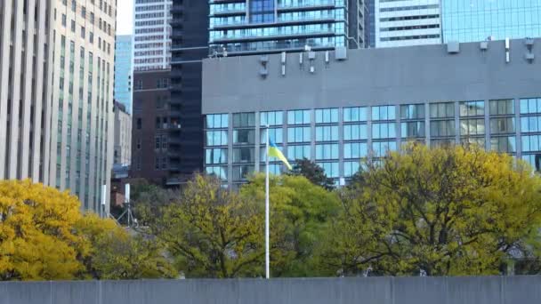Toronto Kanada Oktober 2023 Stadsbilden Toronto Med Ukrainsk Flagga Skyskrapor — Stockvideo