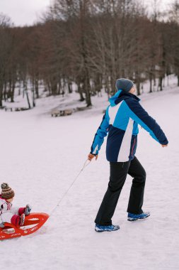 Babam bir çocuğu kızakla karlı bir tepeye çıkardı. Yan görüş. Yüksek kalite fotoğraf