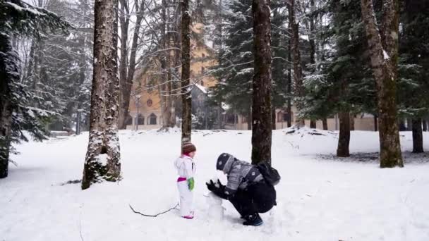 Mamá Con Una Niña Pequeña Esculpe Muñeco Nieve Bosque Entre — Vídeo de stock