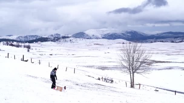 妈妈用雪橇抱着一个小孩 他掉进了雪地里 高质量的4K镜头 — 图库视频影像