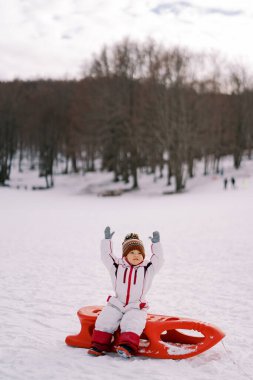 Küçük kız elleri karlı bir ovada kızağın üstünde oturuyor. Yüksek kalite fotoğraf