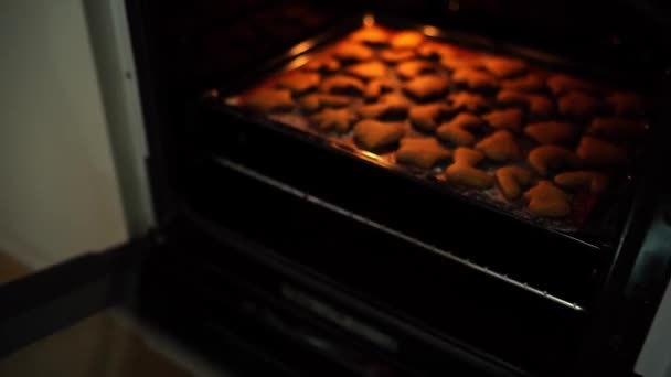 Cook Tira Fuori Biscotti Natale Dal Forno Guanti Cucina Filmati — Video Stock