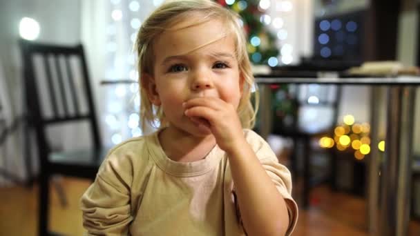 Una Ragazzina Sorridente Che Mangia Biscotti Natale Agita Mani Filmati — Video Stock