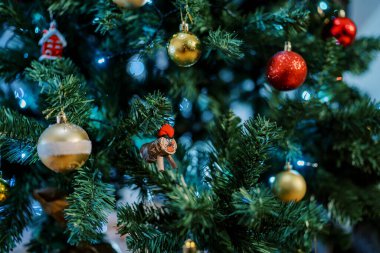 Noel ağacının dallarında renkli oyuncaklar ve toplar asılı. Yüksek kalite fotoğraf