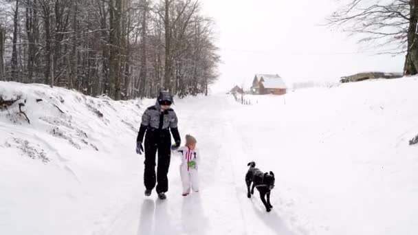 Perro Corre Junto Mamá Hijita Caminando Por Camino Nevado Cerca — Vídeo de stock