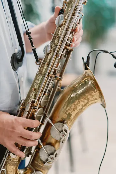 Saxophonist plays the saxophone on stage. Cropped. High quality photo
