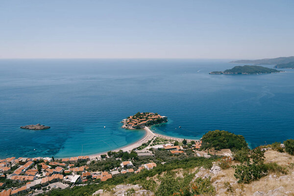 View from the mountain to the ancient village near the island of Sveti Stefan. Montenegro. High quality photo