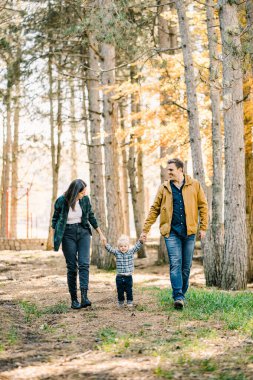Anne, baba ve küçük kız sonbahar ormanında el ele tutuşarak yürüyorlar. Yüksek kalite fotoğraf