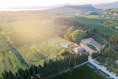 Eski Villa Cordevigo yakınlarındaki yeşil tarlalar ve üzüm bağları dağların arka planına karşı. Veneto, İtalya. Yüksek kalite fotoğraf