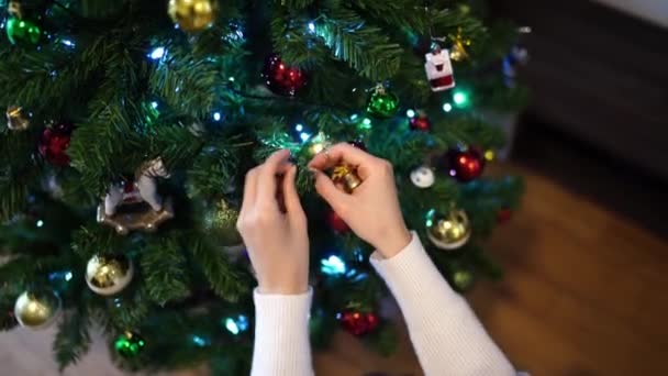 Diseñador Decora Árbol Navidad Con Juguetes Imágenes Alta Calidad — Vídeos de Stock