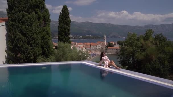 Woman Sunbathing Edge Pool Perast Background High Quality Fullhd Footage Stock Footage