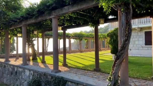 Long Pergola Twisted Green Branches Lanterns Garden Stone Villa High — Stock Video