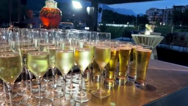 Filled Glasses Wine Champagne Stand Bar Restaurant High Quality Footage Royalty Free Stock Footage