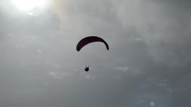 スカイダイバーはパラシュートで曇った空に向かって飛ぶ 高品質4K映像 — ストック動画
