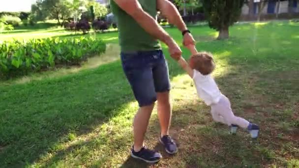 お父さんは緑の公園で手を握っている小さな女の子を旋回している 高品質4K映像 — ストック動画