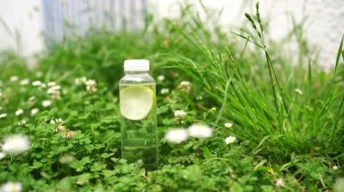 Yeşil çimlerin üzerinde duran bir şişe suyun içinde bir parça kireç kıvrılır. Yüksek kalite 4k görüntü