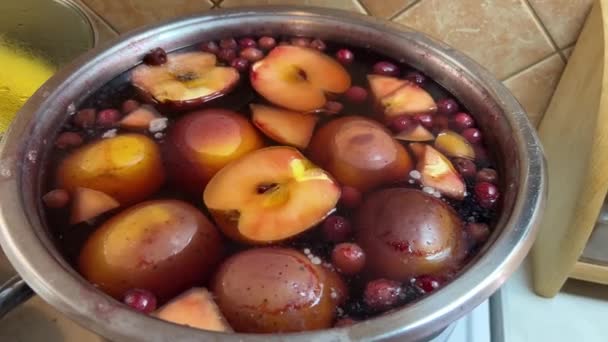 Fruit Compote Apples Grapes Cooked Saucepan Stove High Quality Footage — Stock Video