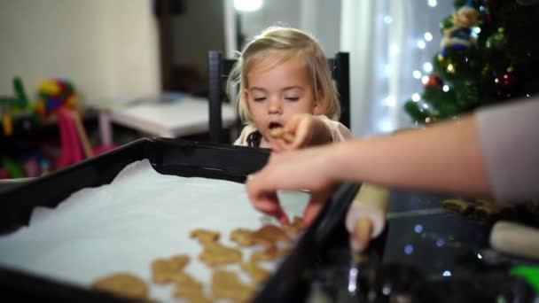 小さな娘は 母親がトレイにカーリージンジャーブレッドクッキーを置くのを手伝います 高品質の4K映像 — ストック動画