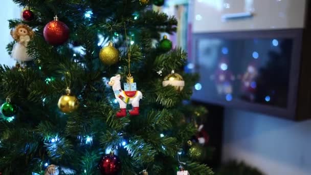 Figurine Sheep Gifts Its Back Hangs Christmas Tree Next Bright Stock Footage