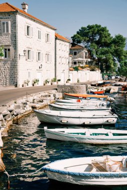 Balıkçı tekneleri Perast rıhtımında eski taş evlerle dolu bir sıraya dizilmişler. Karadağ. Yüksek kalite fotoğraf