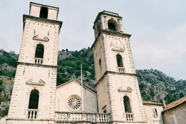 Bell Towers Cathedral Tryphon Backdrop Green Mountains Kotor Montenegro High Stock Photo