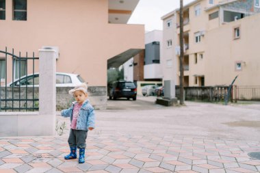 Kedi kulaklı çemberli küçük bir kız bahçedeki çitin yanında duruyor. Yüksek kalite fotoğraf