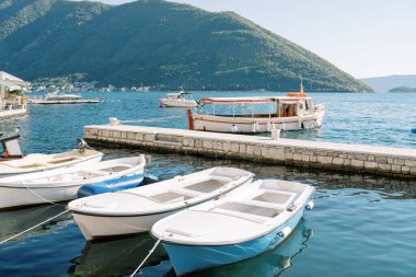 Balıkçı tekneleri, deniz kıyısında, dağların arka planına karşı dururlar. Yüksek kalite fotoğraf