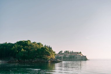 Sveti Stefan adasını kayalık, ormanlık bir sahilin arkasından görebiliriz. Karadağ. Yüksek kalite fotoğraf