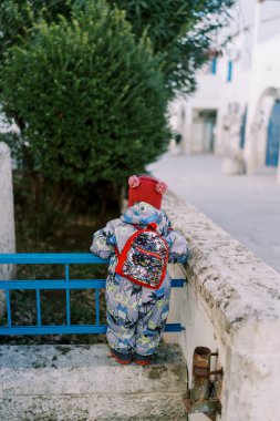Tulumlu, sırt çantalı küçük bir kız evin yakınındaki bir çitin üzerinde duruyor ve bir ağaca bakıyor. Arkadan bak. Yüksek kalite fotoğraf