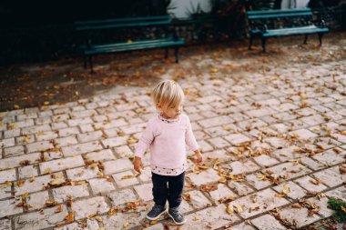 Küçük kız, bahçedeki bir fayansta, düşmüş sarı yaprakların arasında duruyor. Yüksek kalite fotoğraf