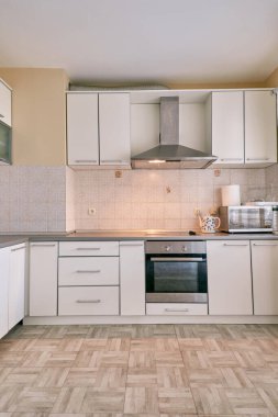 Kapüşonlu, fırın ve dolaplı minimalist mutfak. Yüksek kalite fotoğraf