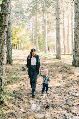 Anne ve küçük bir kız ormanda yürüyor, ayaklarına bakıyor. Yüksek kalite fotoğraf