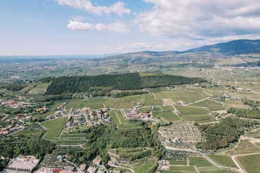 Evlerin etrafındaki tepelerde üzüm bağları ve ağaçlar. Negrar Valpolicella, İtalya. Drone. Yüksek kalite fotoğraf