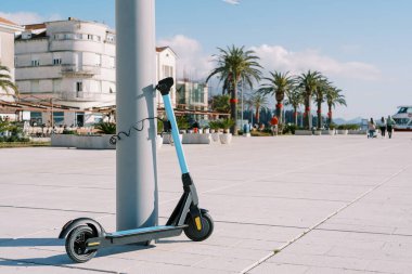 Kiralık mavi elektrikli scooter yeşil palmiye ağaçlarıyla dolu bir zeminde direğe bağlanır. Yüksek kalite fotoğraf