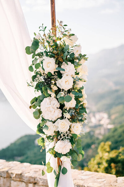 Wedding arch stand decorated with white flowers and fabric. High quality photo — Stock Image Wedding Arch Stand Decorated White Flowers Fabric High Quality Photo Stock Photo