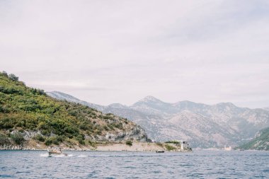 Orman dağı kıyısı boyunca gezinti motorlu teknesi yol alıyor. Yüksek kalite fotoğraf