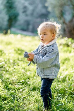Ellerinde yumuşak bir oyuncak olan küçük bir kız güneşli bir çayırda duruyor ve başka tarafa bakıyor. Yüksek kalite fotoğraf