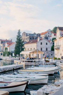 Balıkçı tekneleri Perast rıhtımına demirlemiş. Karadağ. Yüksek kalite fotoğraf