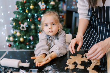 Küçük kız uzanmış avucunda bir kurabiye tutarken annesinin yanında oturmuş masada çiğ kurabiyeleri ayırıyor. Yüksek kalite fotoğraf