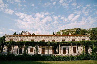 Pergola, bulutlu bir gökyüzüne karşı Villa Milocer yakınlarında yeşil dallarla çevrilidir. Karadağ. Yüksek kalite fotoğraf