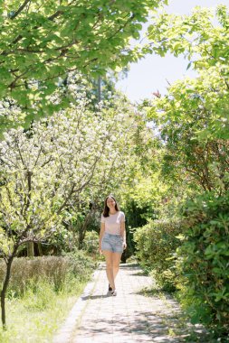 Çiçekli bir bahçede asfalt bir yolda yürüyen gülümseyen genç bir kadın. Yüksek kalite fotoğraf