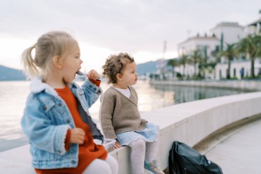 Küçük kız, bir kaşıktan yulaf lapası yer deniz kenarındaki bir çitte arkadaşının yanına oturur ve uzaklığa bakar. Yüksek kalite fotoğraf