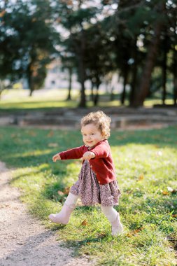 Küçük gülümseyen kız yeşil çimenlerde kolları açık yürüyor. Yüksek kalite fotoğraf