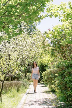 Çiçekli bir bahçede asfalt bir yolda yürüyen gülümseyen genç bir kadın. Yüksek kalite fotoğraf