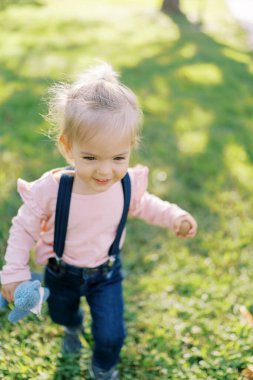 Elinde oyuncak ayıyla yeşil çimlerde yürüyen küçük bir kız. Üst Manzara. Yüksek kalite fotoğraf