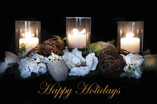 Holiday Candle Arrangement Magnolia Grapevine Centerpiece Burlap Ribbon Happy Holidays — Stock Photo, Image