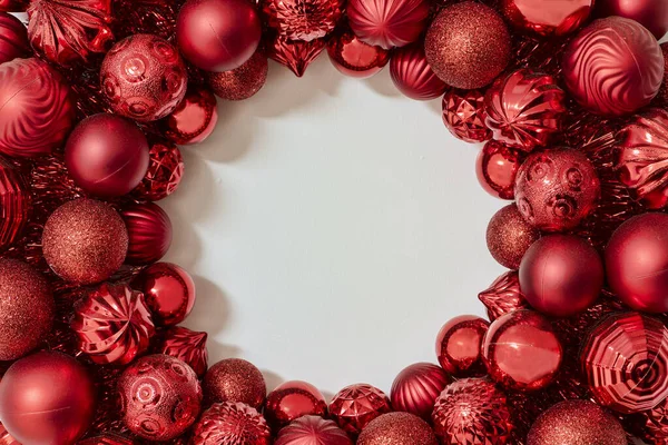 Christmas Greeting Card Red Ball Ornaments Circle Room Text — Stock Photo, Image
