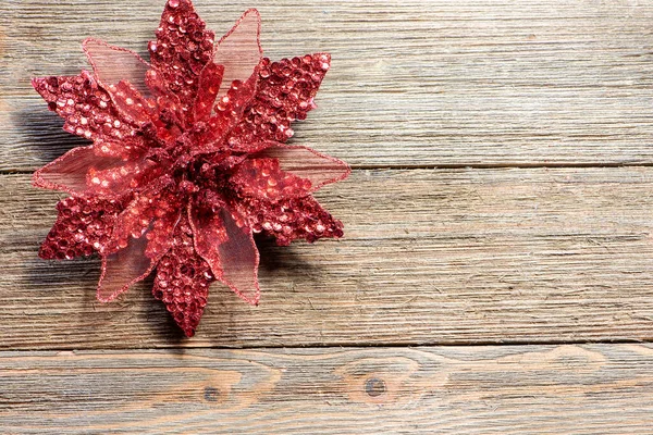 Red Christmas Poinsettia Ornament Wooden Background Farmhouse Style Text — Stock Photo, Image